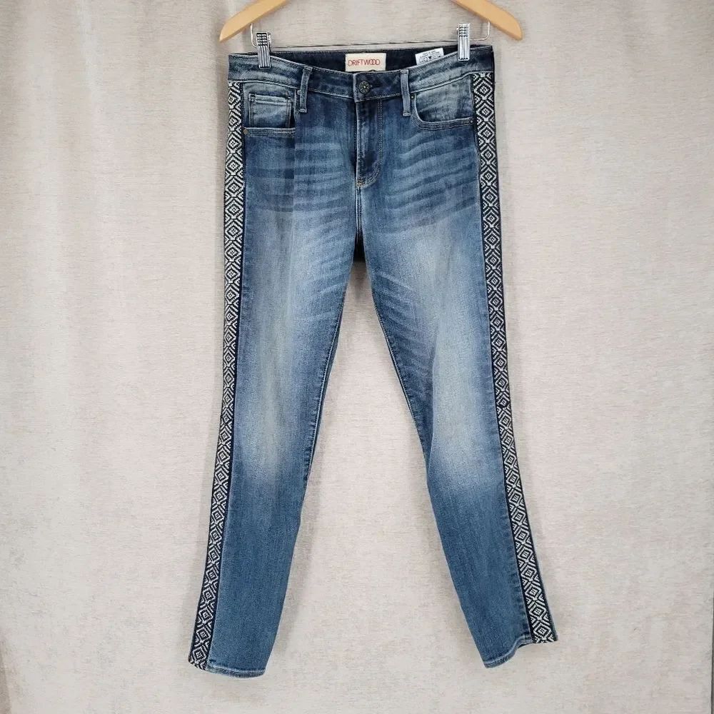 Driftwood Jackie High Rise Skinny Jeans with Embroidered Aztec Side Stripe sz 28